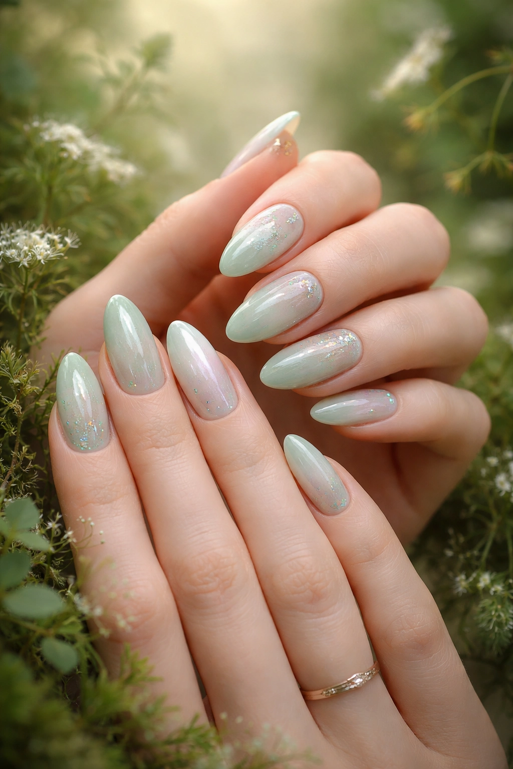 Close-up of soft green fairy nails with pearlescent finish