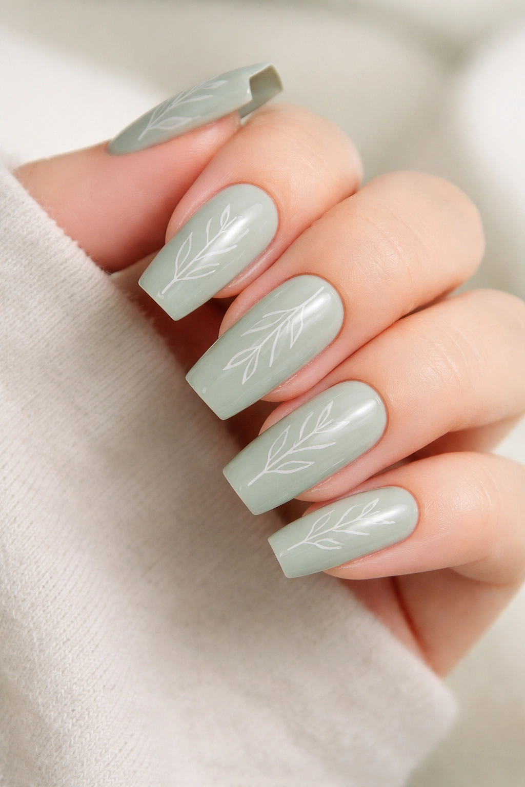 Close-up of long squoval nails in soft green with white leaf outlines