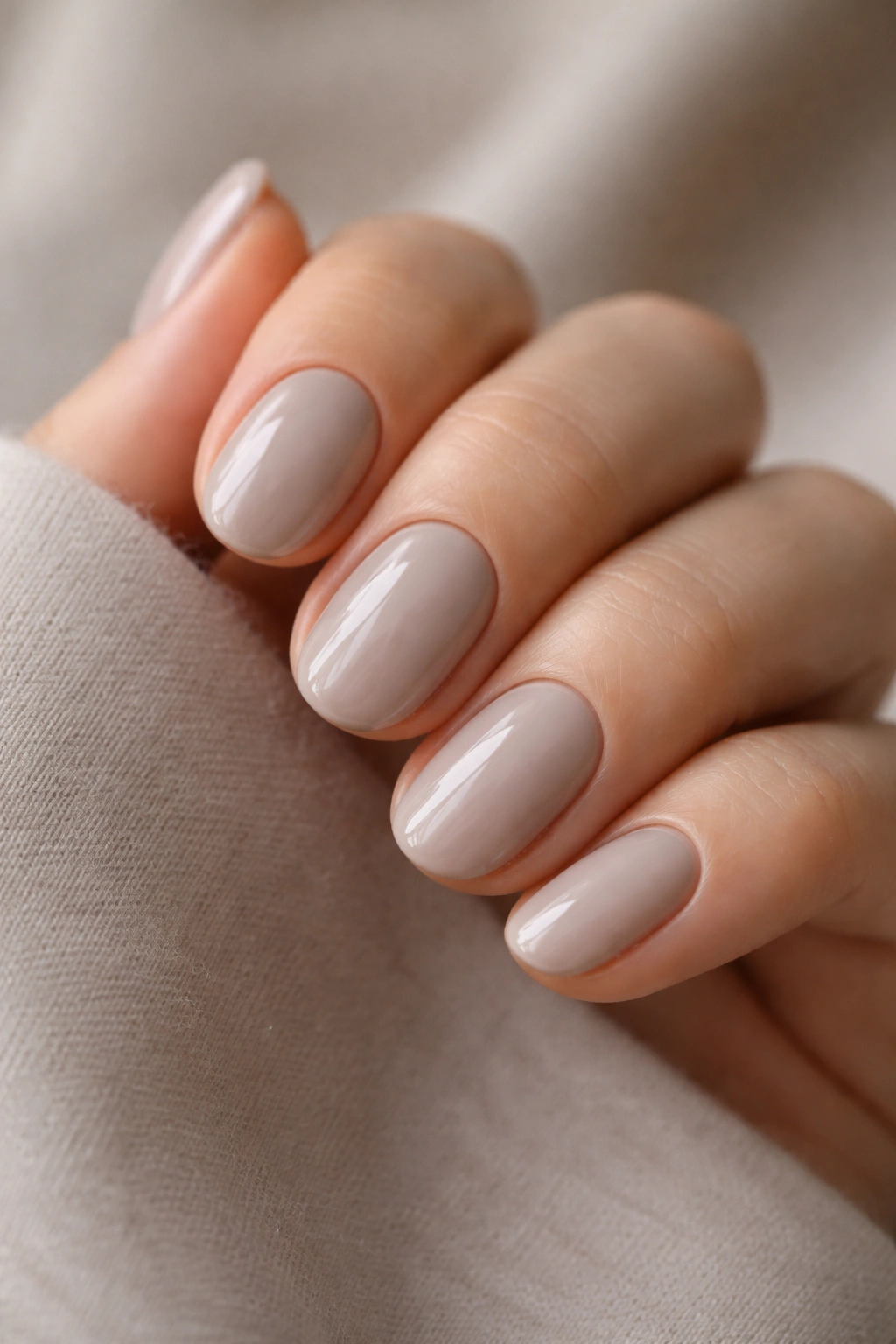 Close-up of short oval nails in soft greige with glossy finish on neutral background