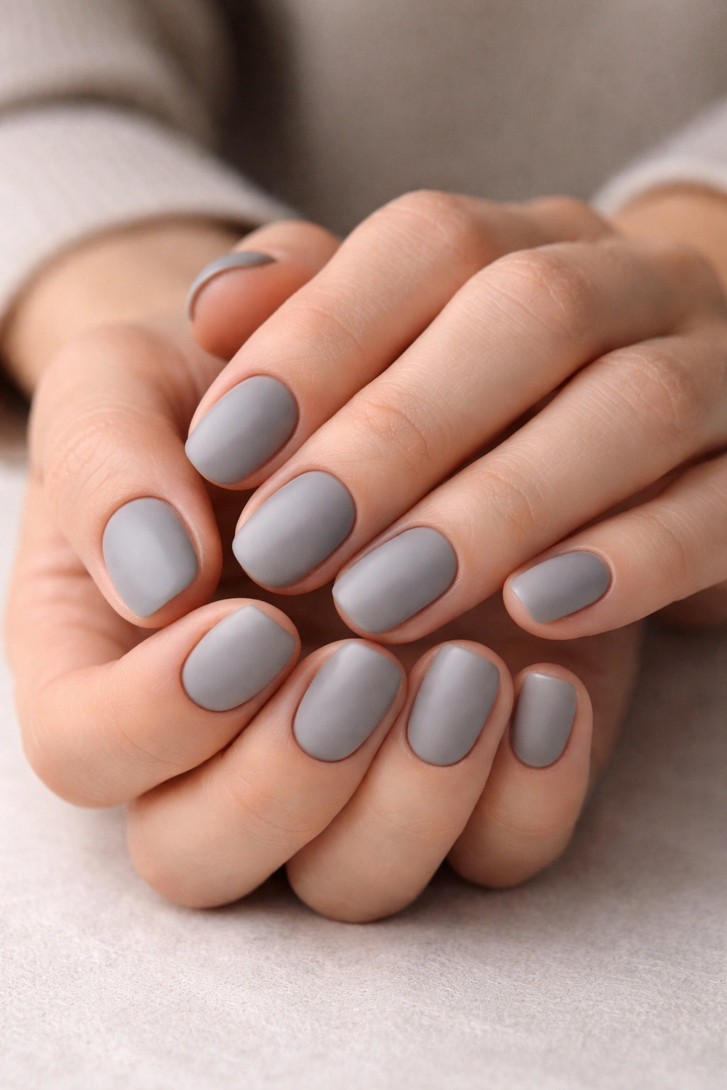 Short round nails in soft grey matte finish