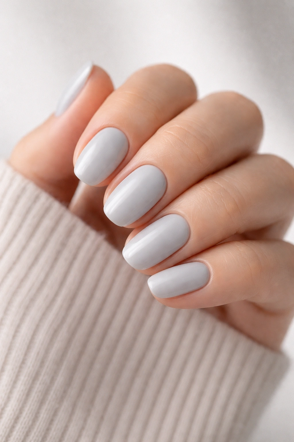 Close-up of short oval nails in soft grey with satin finish.