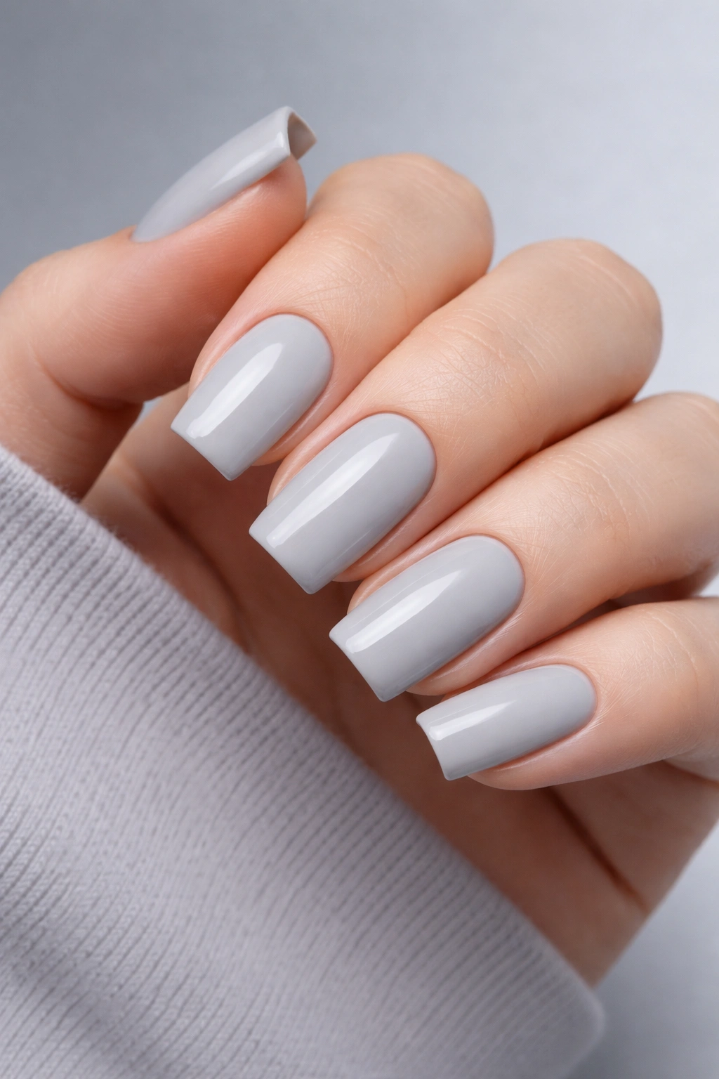 Close-up of soft grey square nails with satin finish
