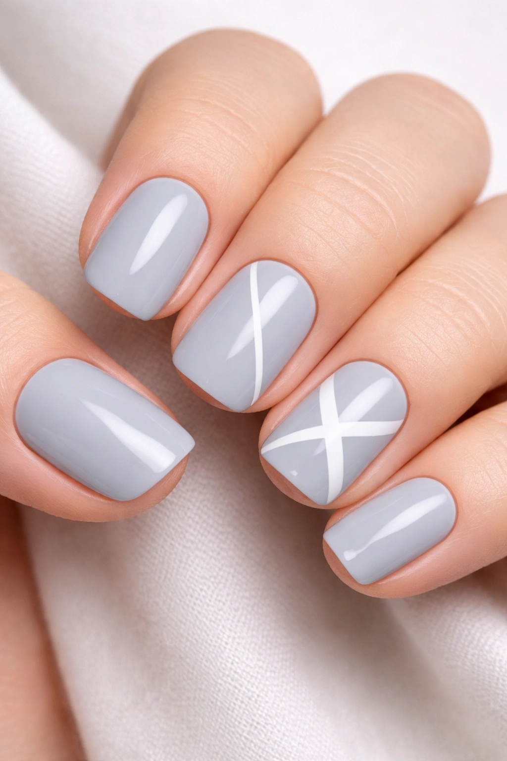 Close-up of soft grey squoval nails with white geometric negative-space design