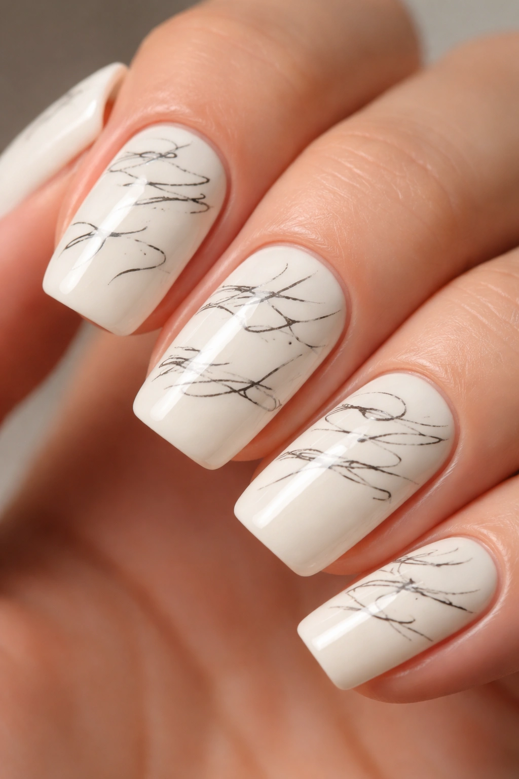 Creamy ivory soft square nails with abstract calligraphic strokes
