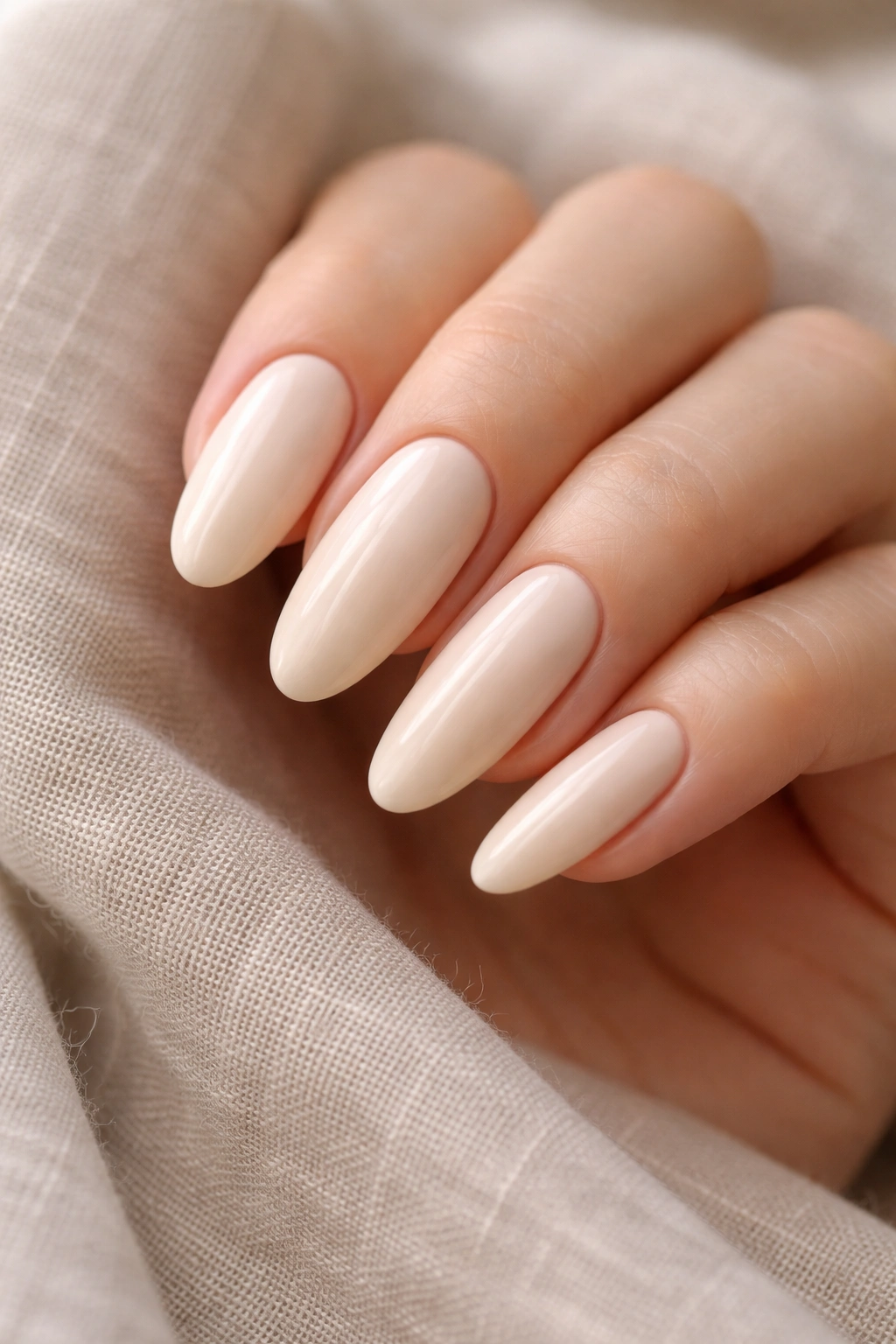 Longer oval nails in soft ivory with creamy tone