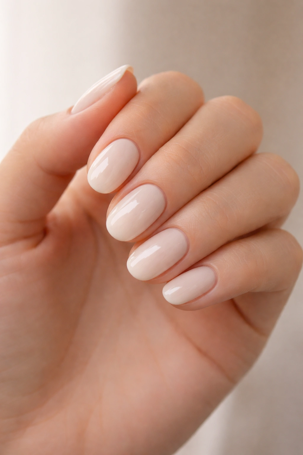 Close-up of soft ivory short oval nails with creamy tone