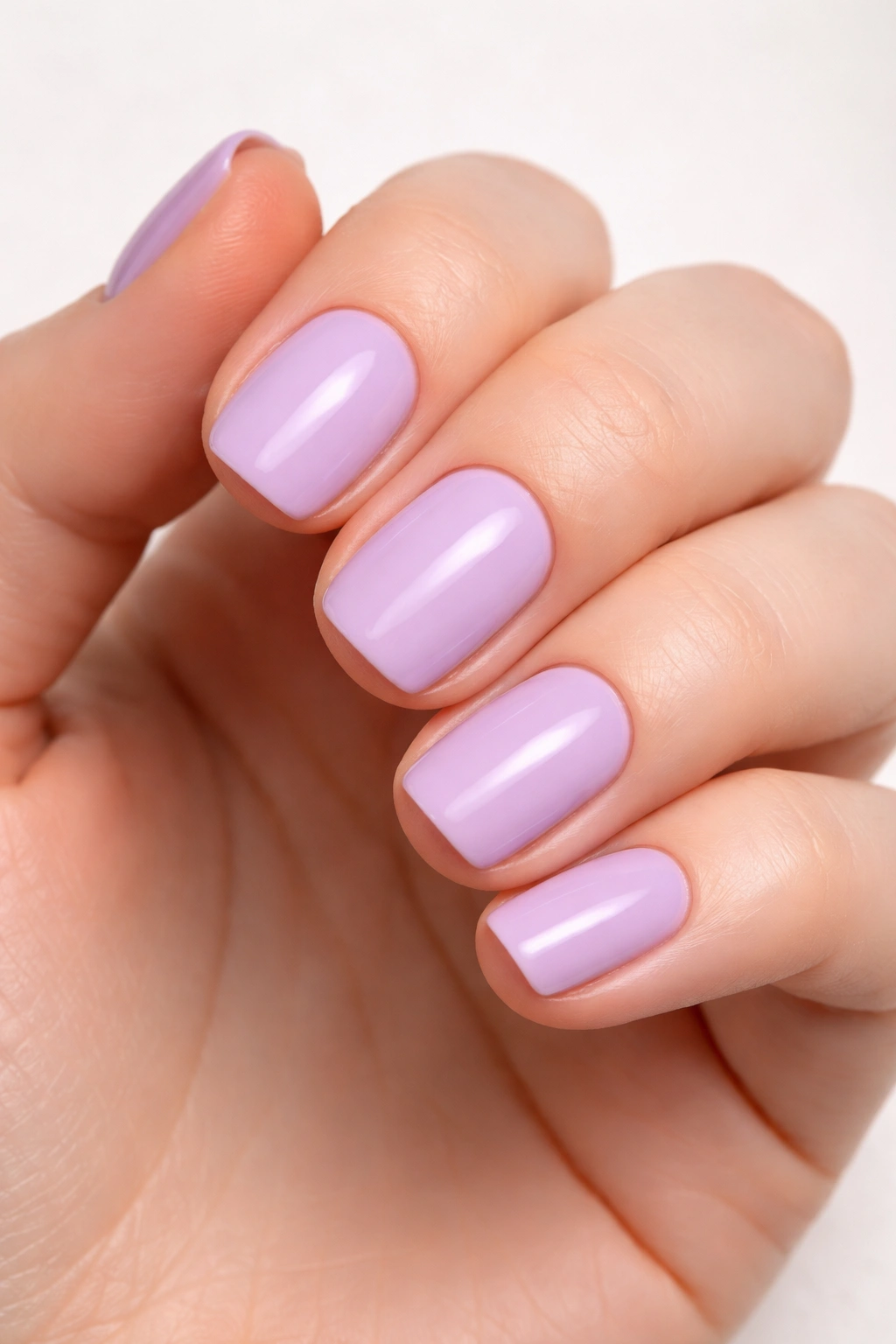 Close-up of soft lavender nails with glossy finish