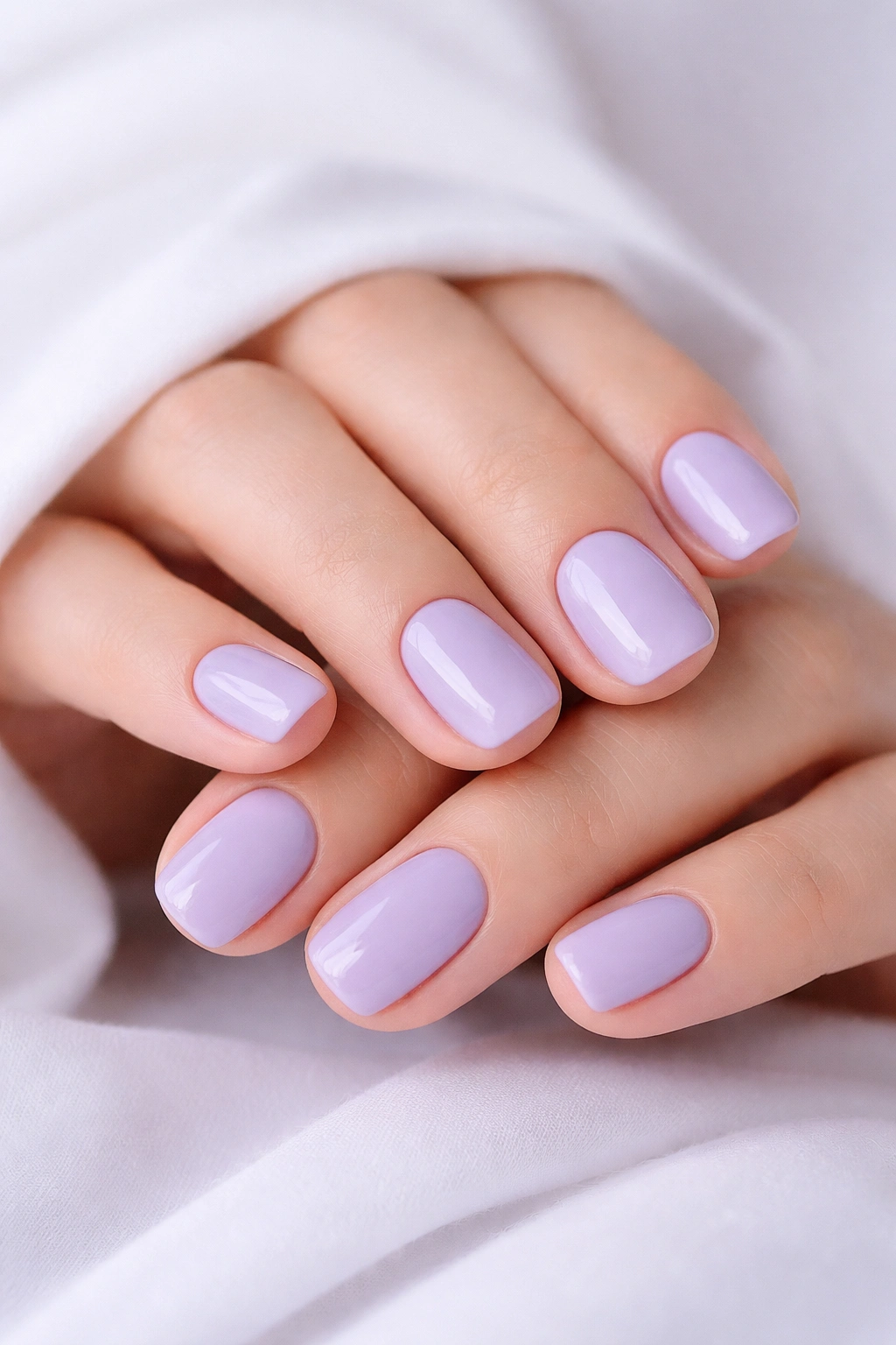 Close-up of soft lavender nails on a neutral background