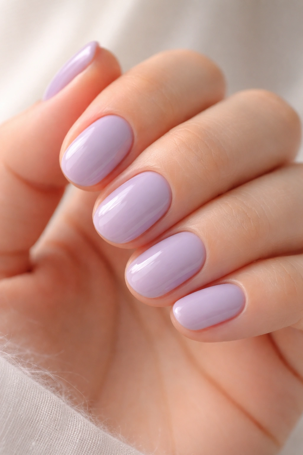 Short oval nails painted soft lavender with glossy finish