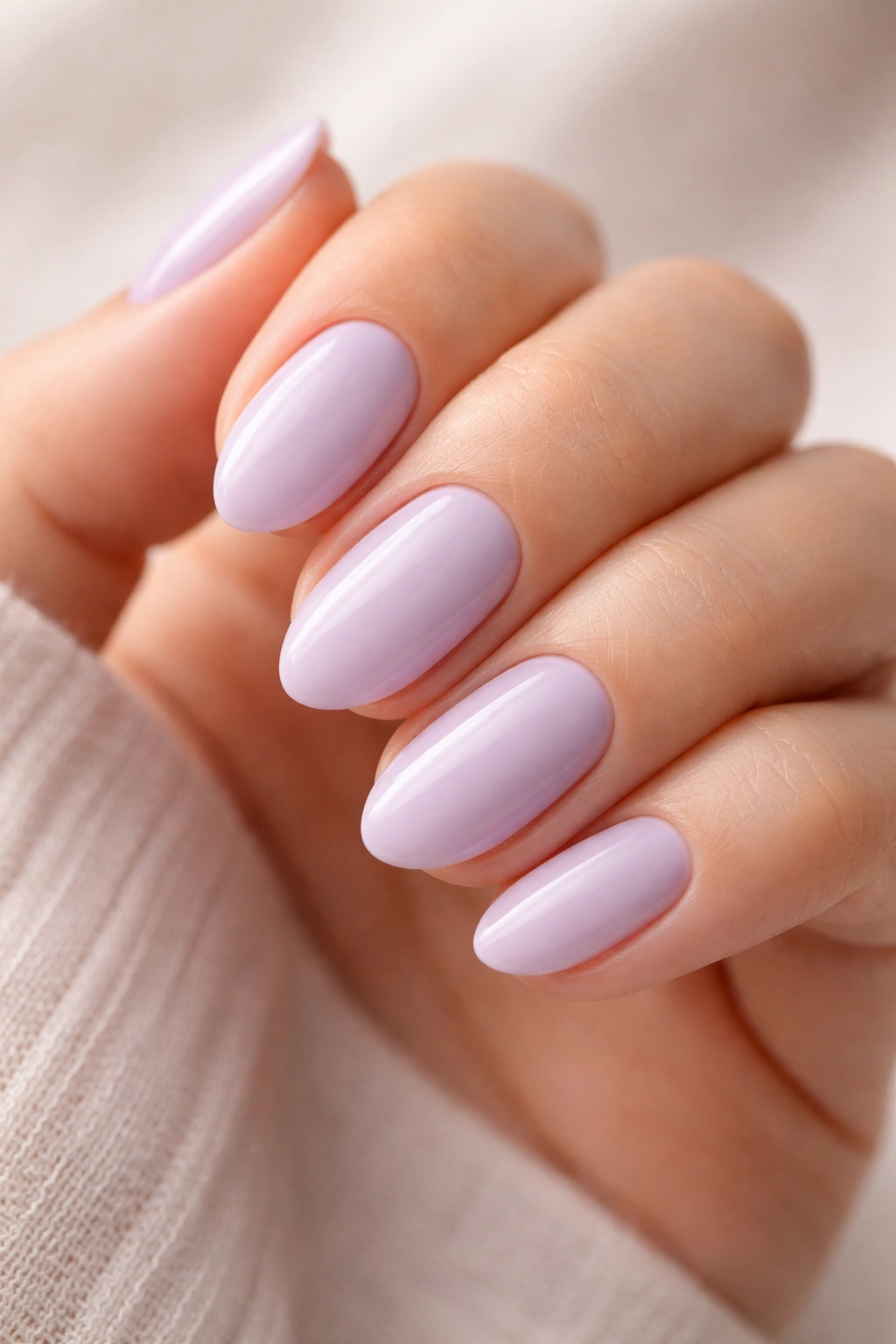 Close-up of soft lavender short almond nails