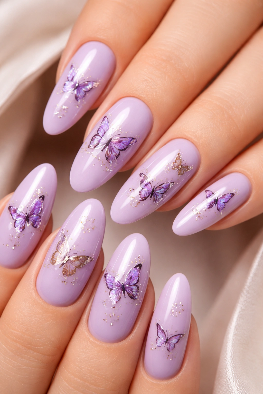 Close-up of soft lavender long oval nails with butterfly silhouettes