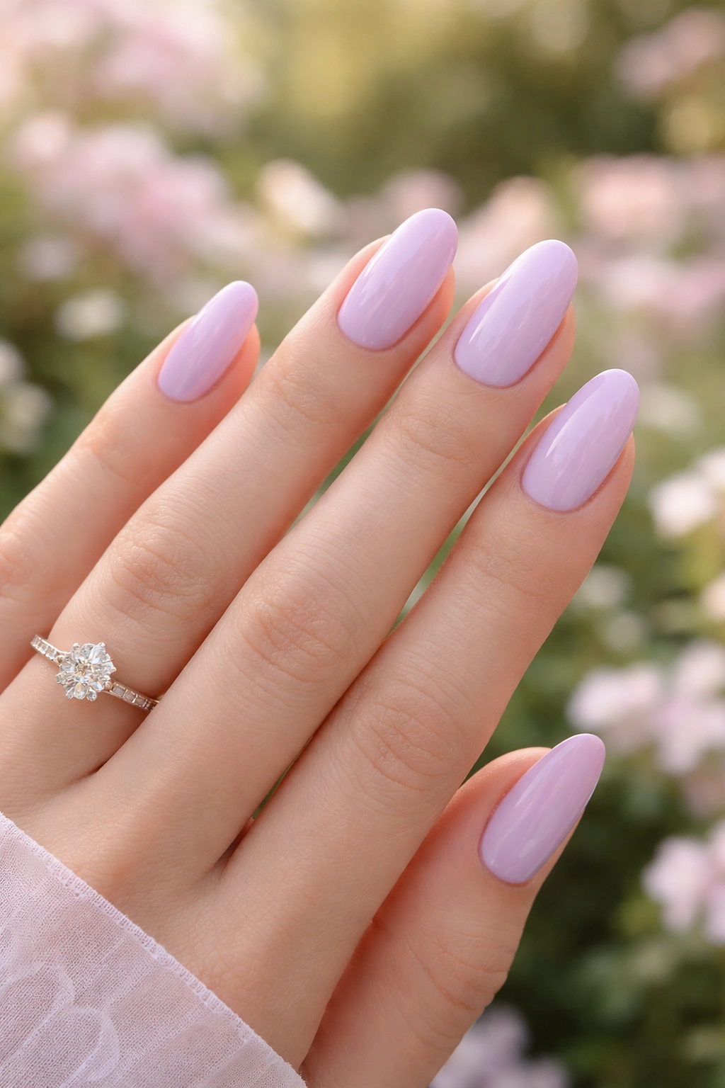 Close-up of hands with soft lavender nails in a garden setting