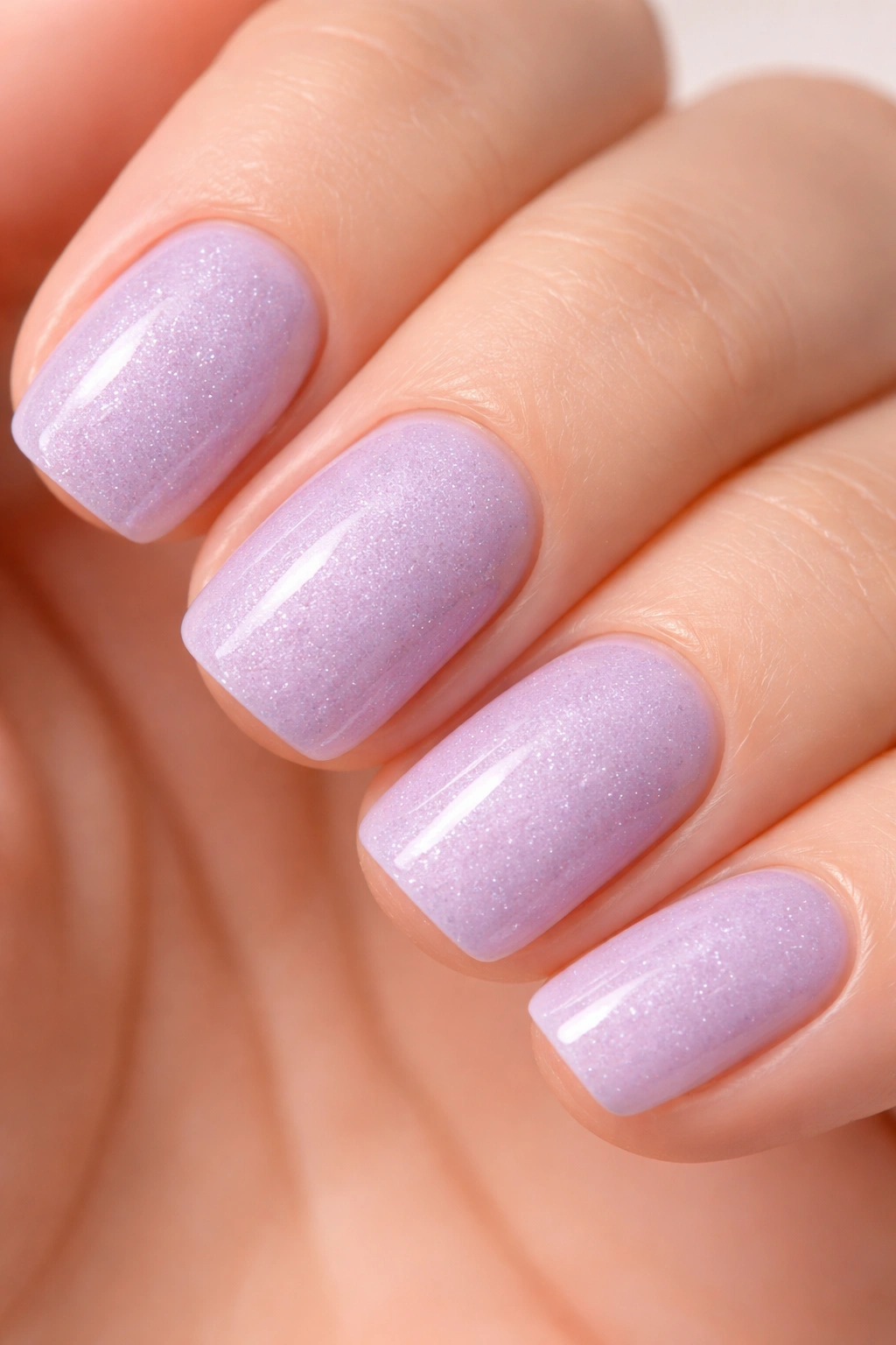 Close-up of soft lavender squoval nails with subtle sparkle