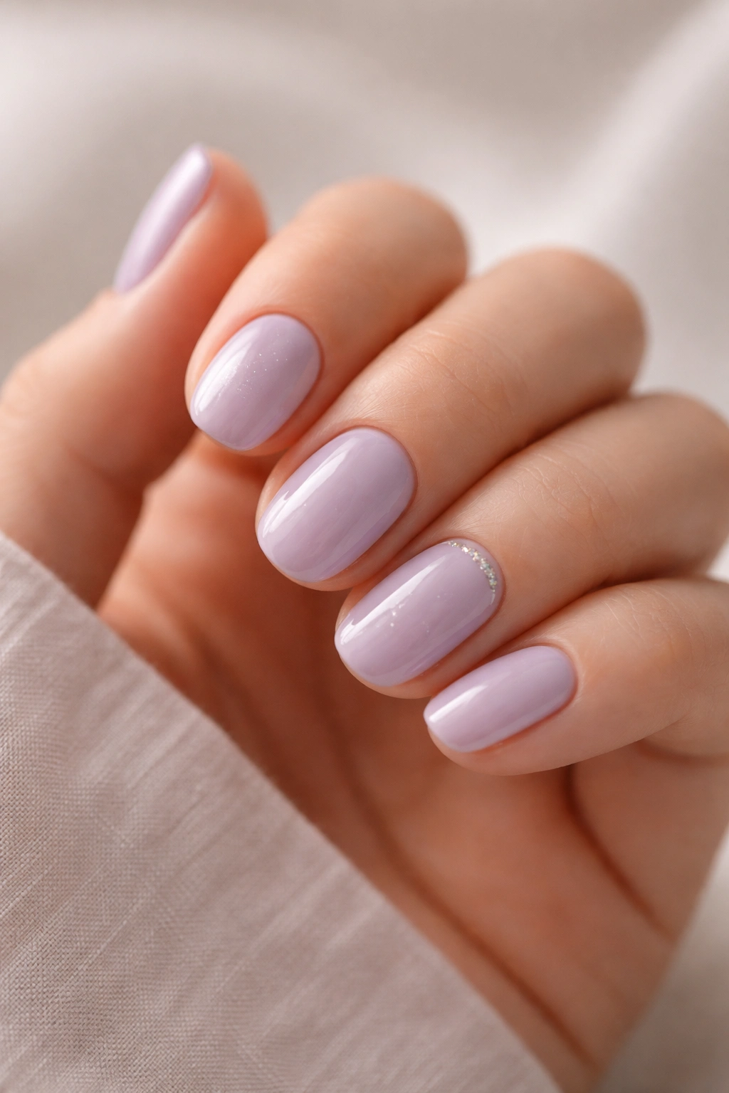 Close-up of soft lavender nails on short oval shape with creamy finish