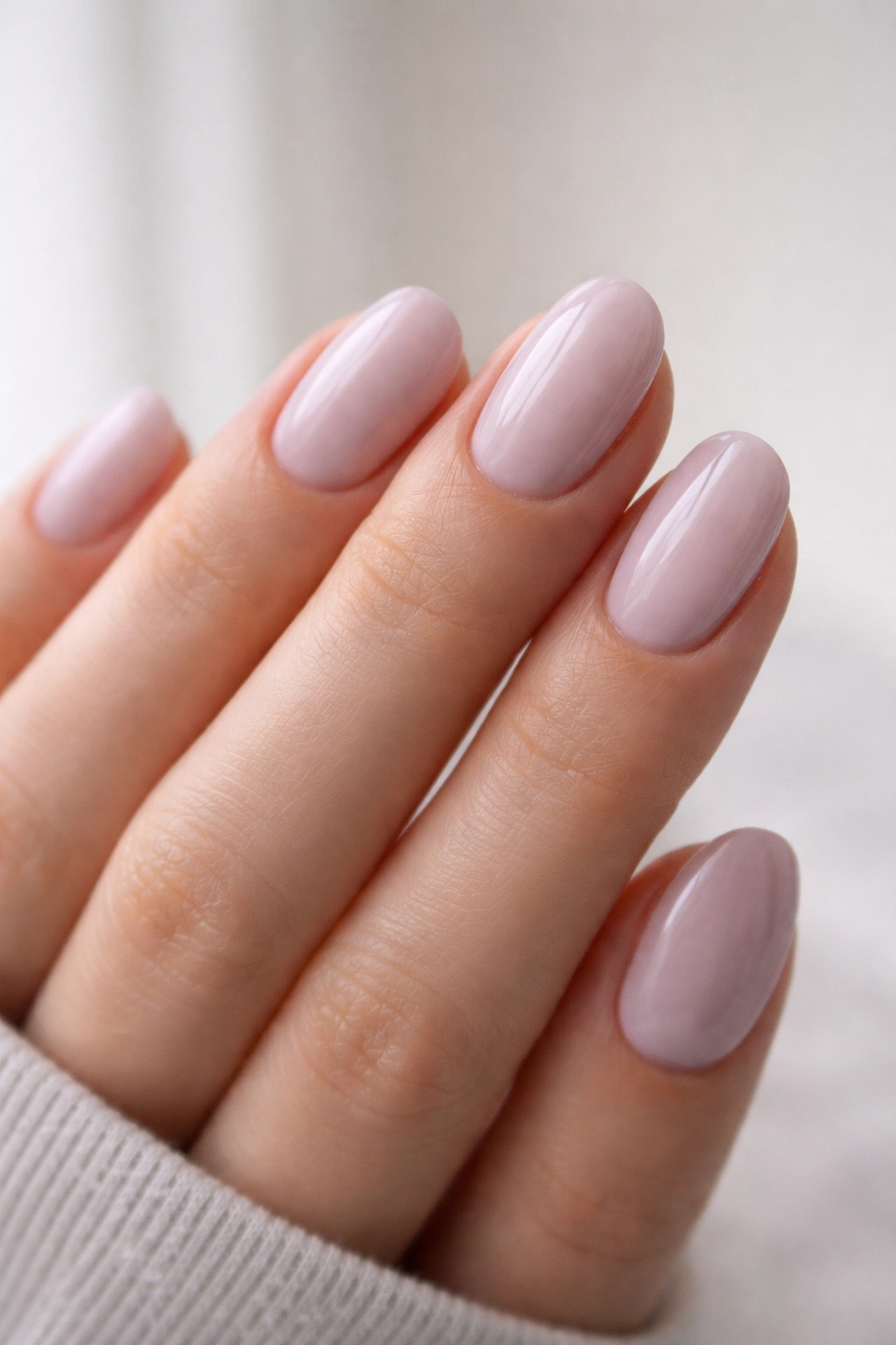 Close-up of short oval nails in soft lilac nude with jelly-cream finish