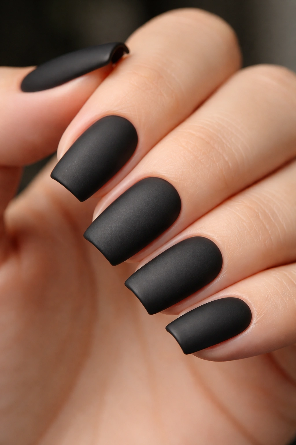 Close-up of soft matte black short ballerina nails with flat tips