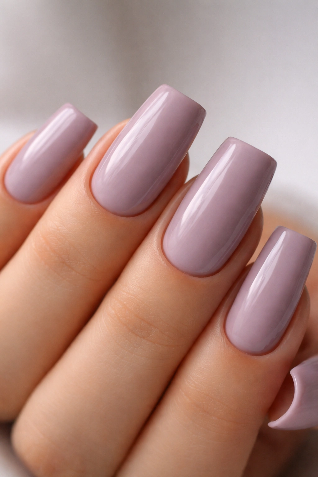 Close-up of soft mauve duck nails with cool undertones
