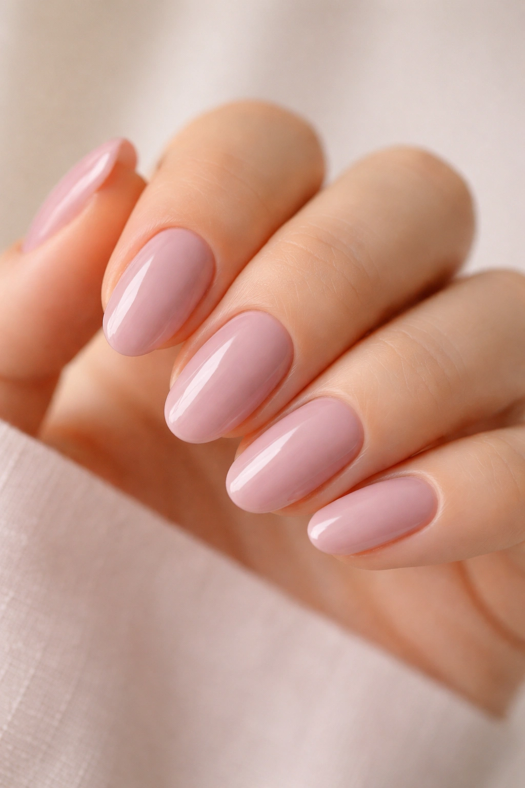 Close-up of short almond nails in soft mauve with a sheer glossy finish
