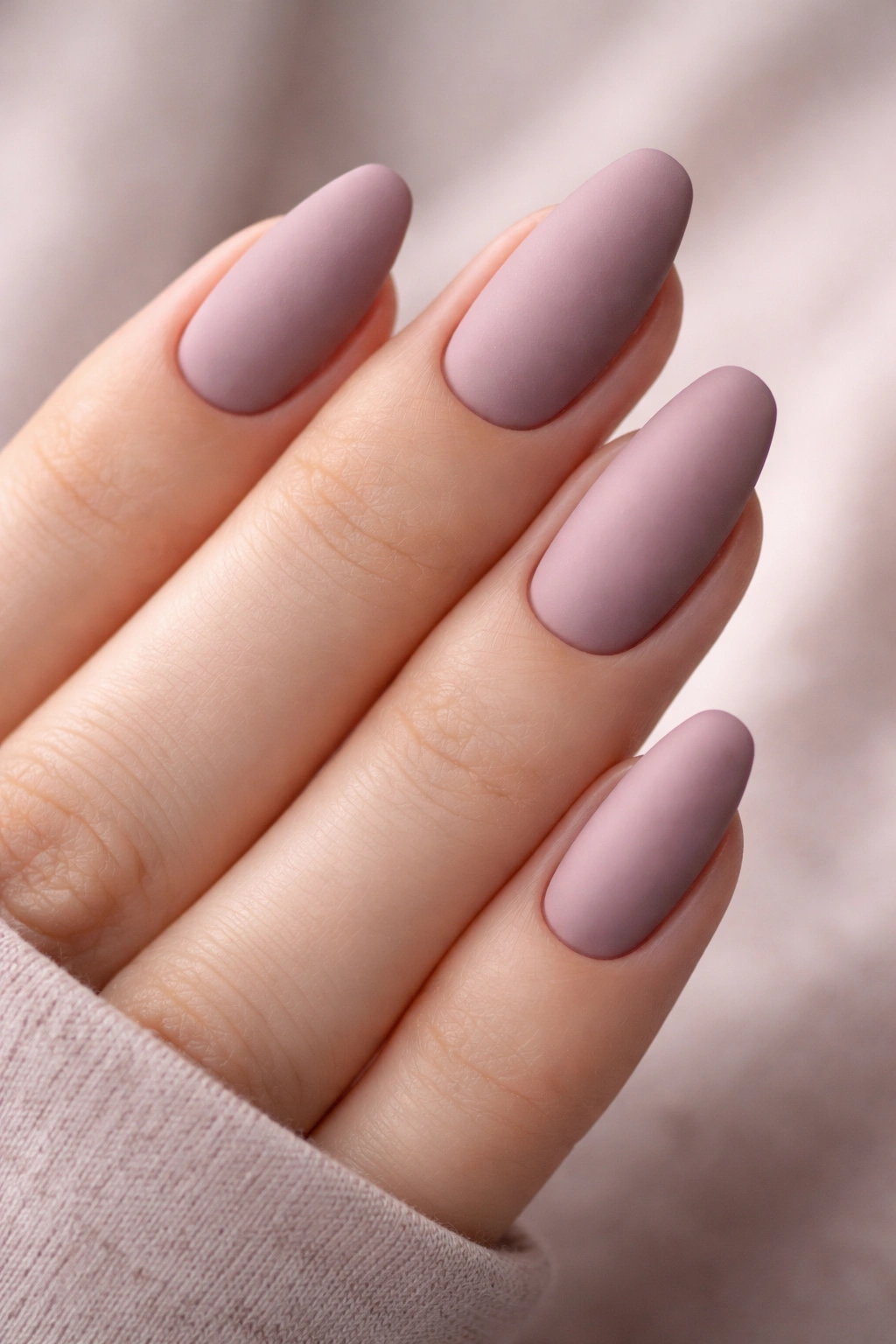 Close-up of soft mauve nails with a matte finish on a hand