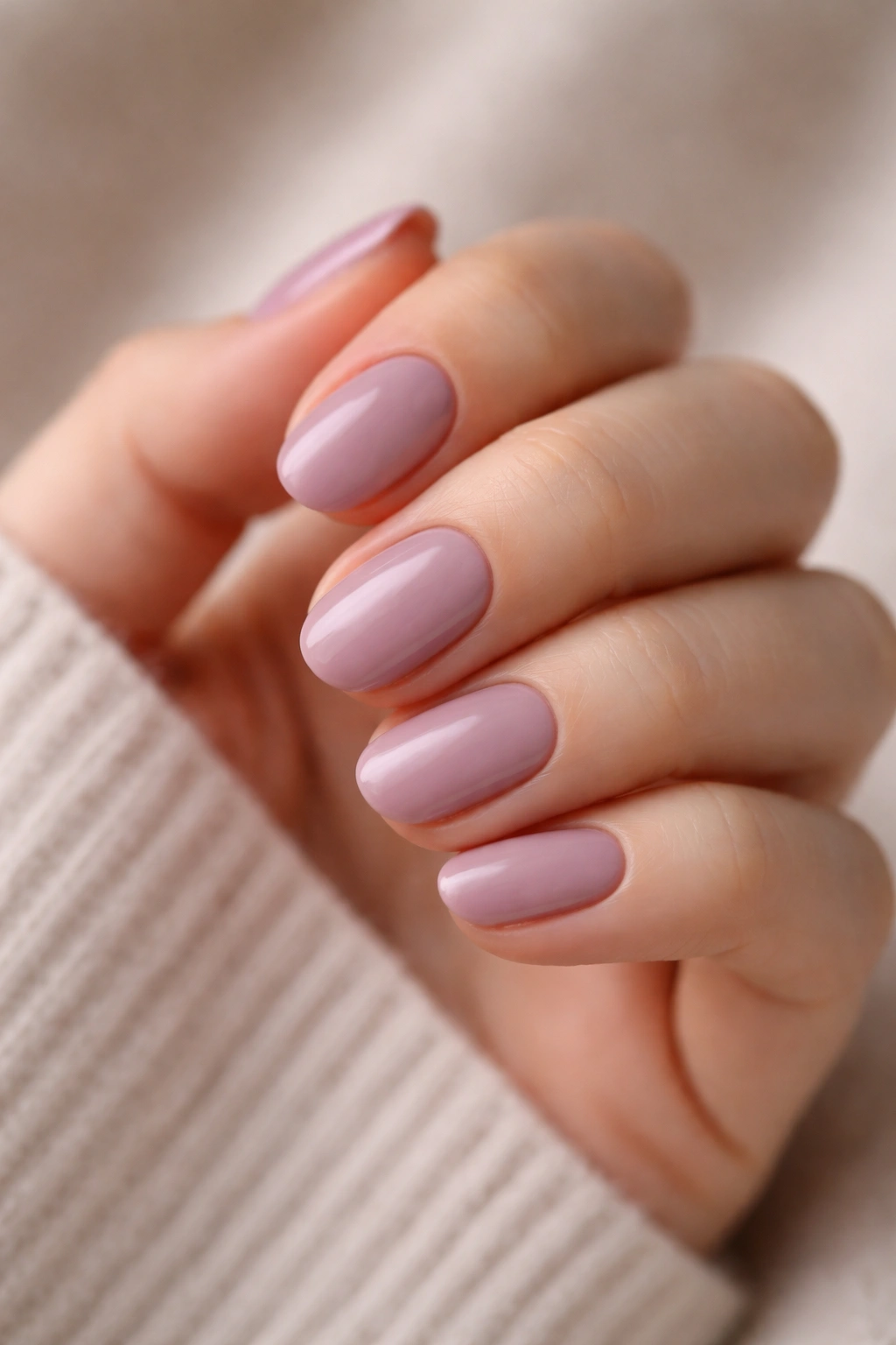 Close-up of short soft mauve oval nails on a bare hand