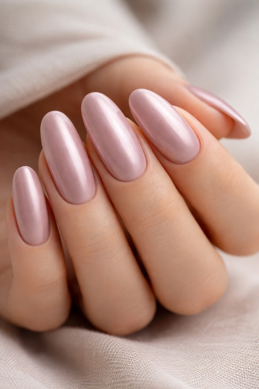 Close-up of long oval nails in soft mauve with satin finish