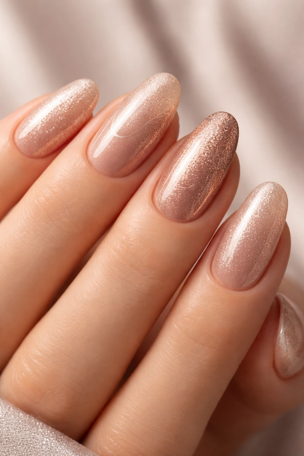 Nails with soft metallic shimmer and subtle textures