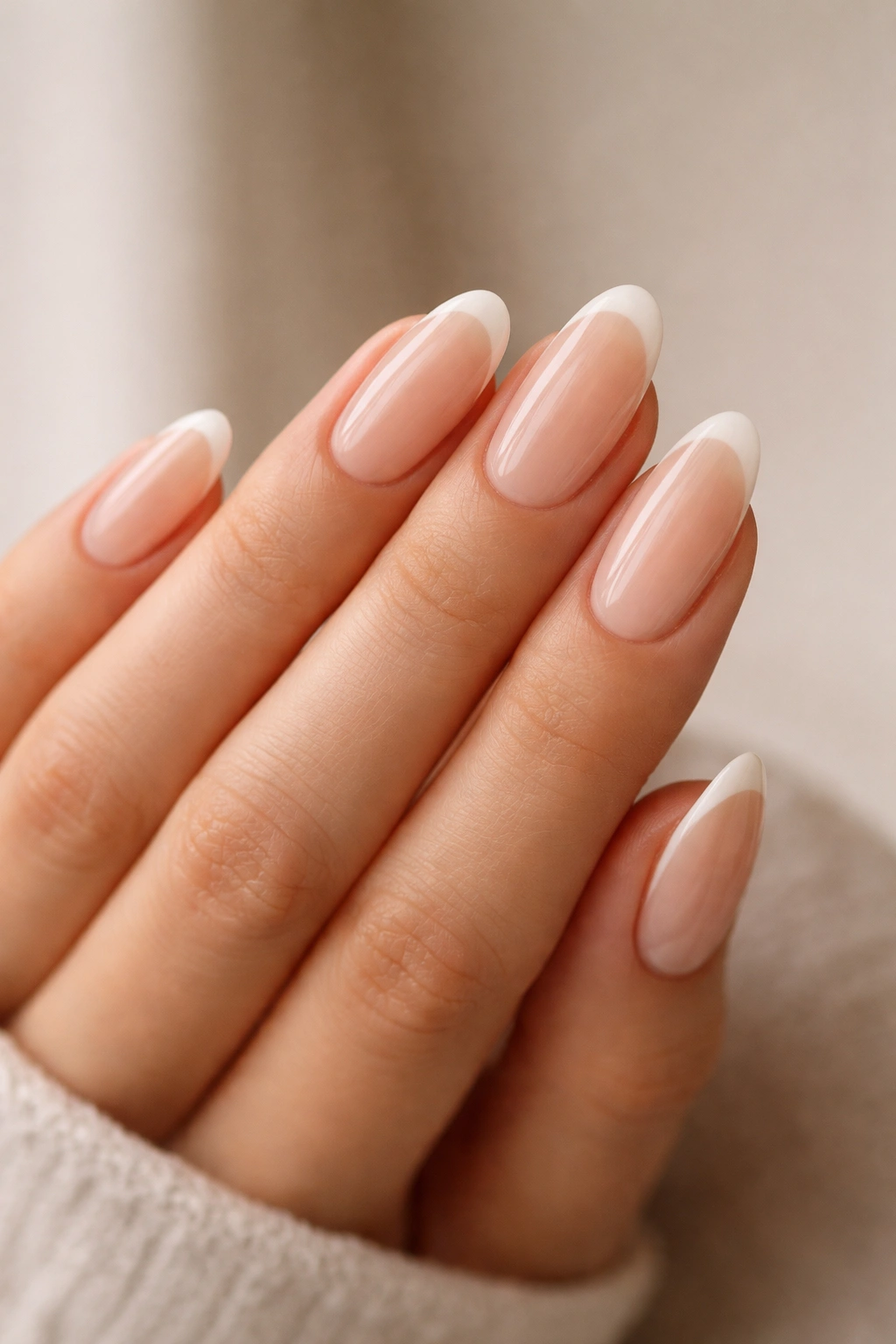 Close-up of long oval nails with soft micro-French tips