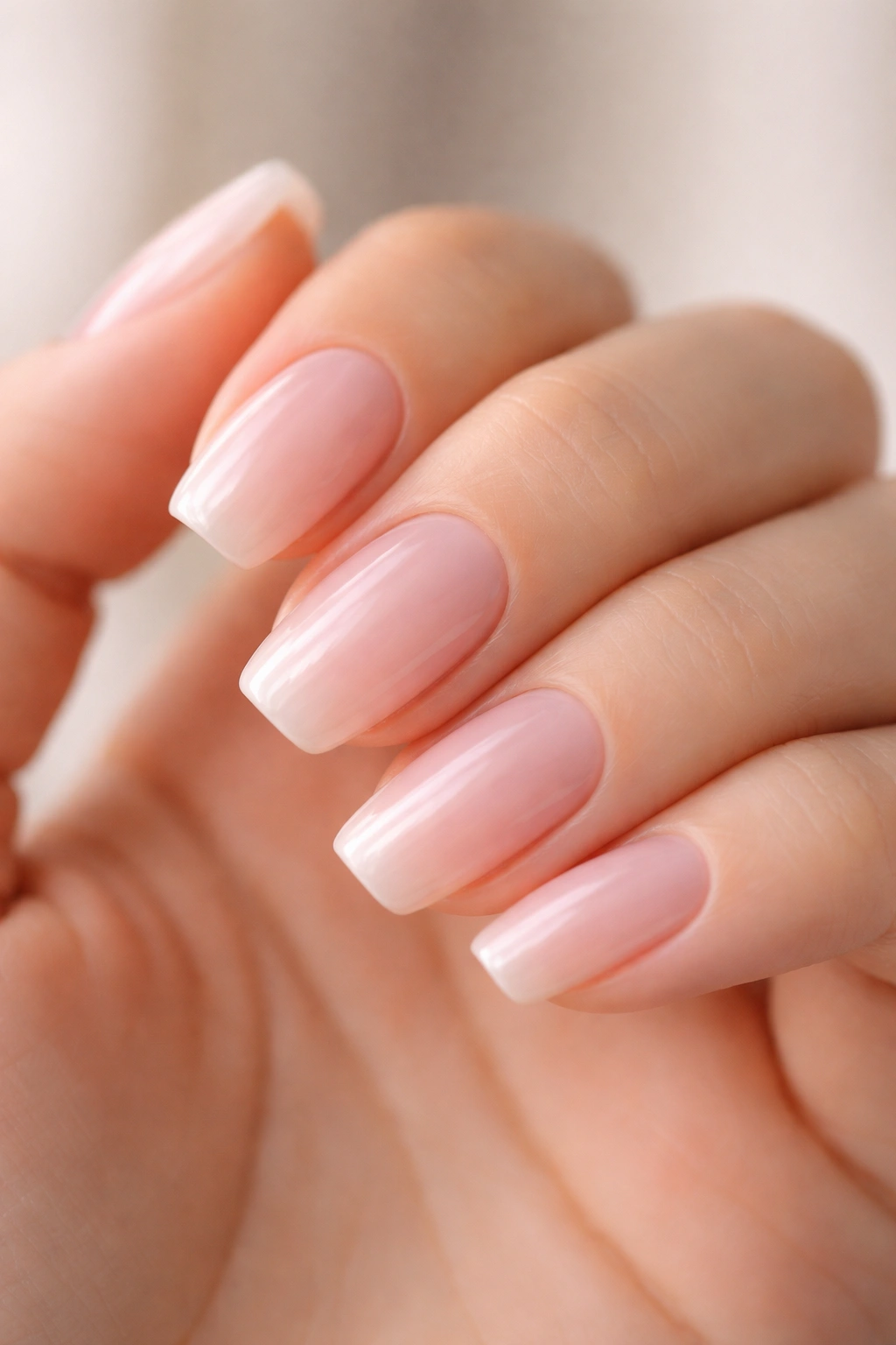 Close-up of soft milky pink short ballerina nails with jelly finish