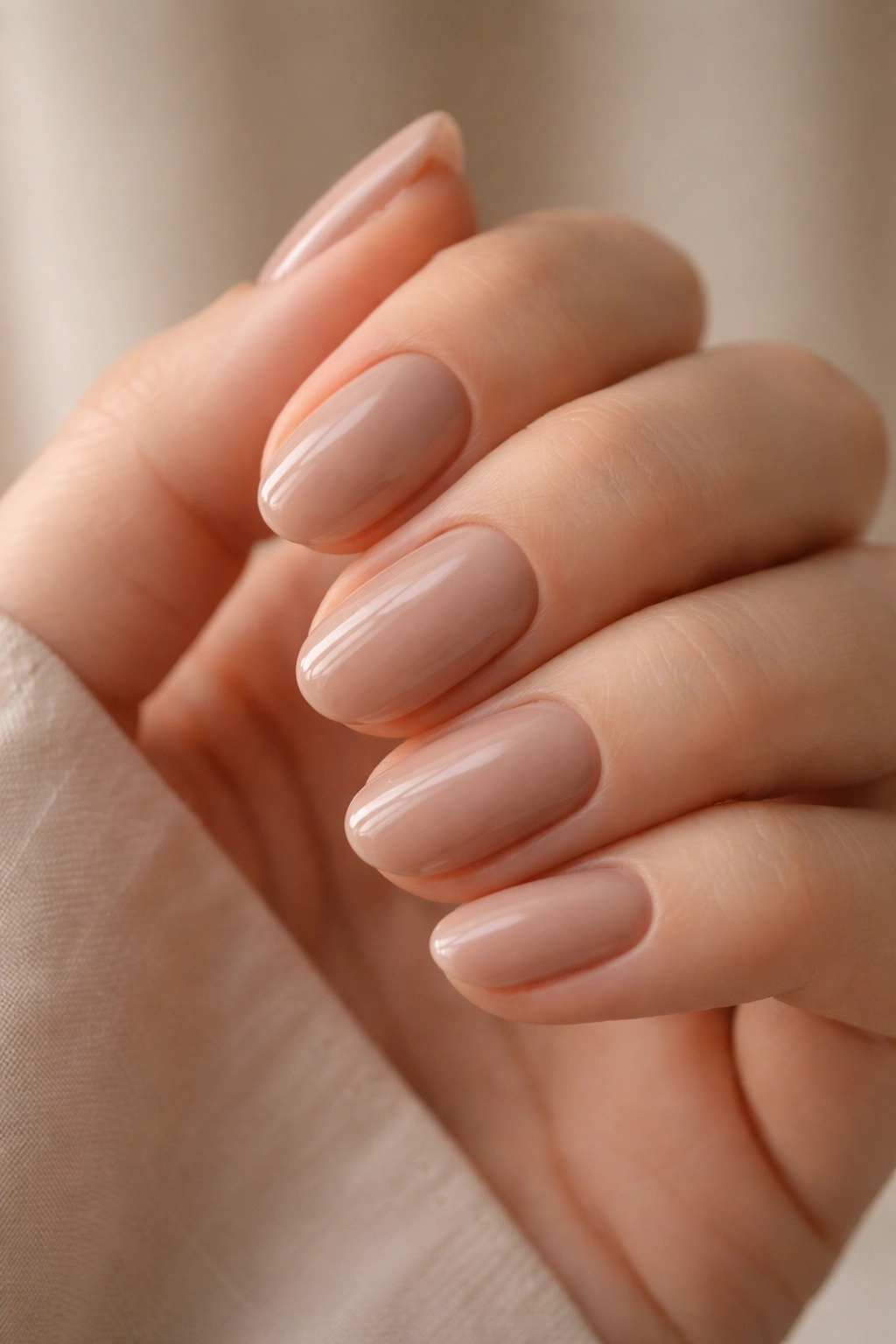 Close-up of short oval nails in soft mocha nude shade with warm undertones