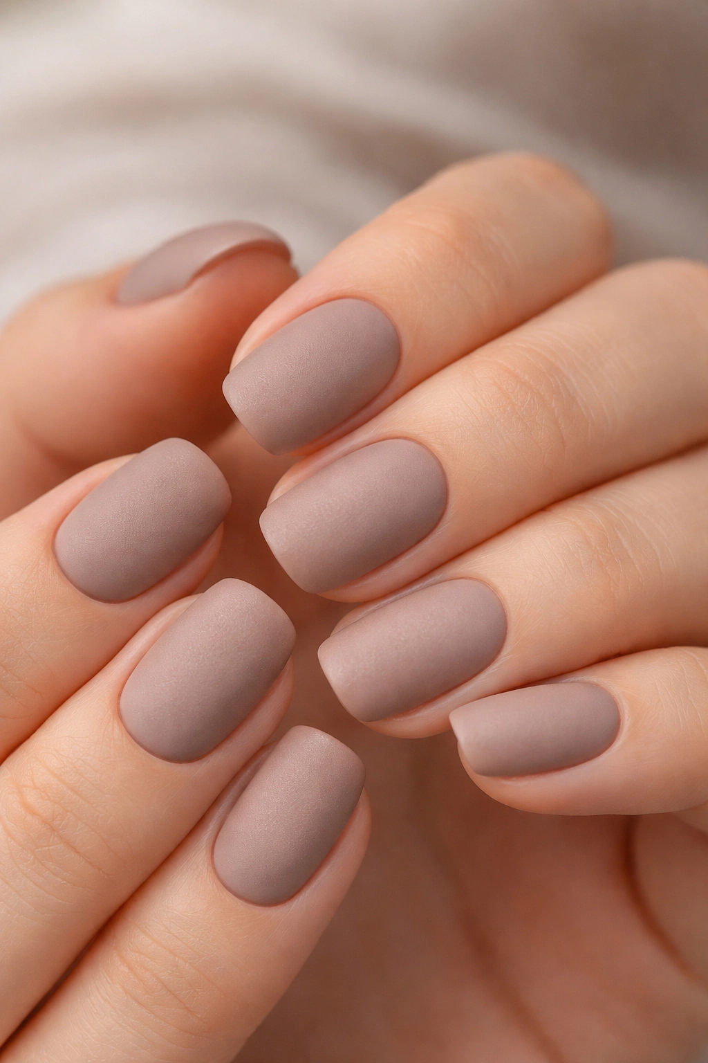 Close-up of matte mushroom nails on neutral-toned hands
