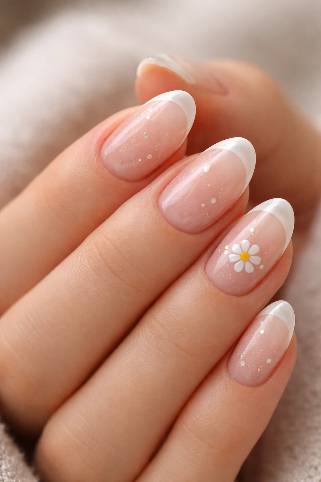 Close-up of short almond nails with micro French tips, tiny daisy accent, and subtle shimmer