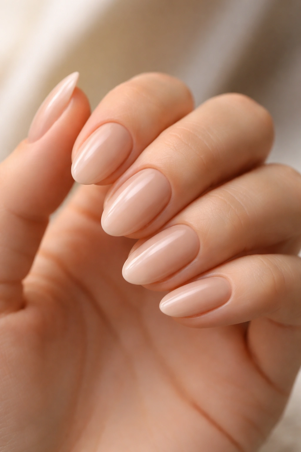 Close-up of soft nude short almond nails with satin finish on neutral background