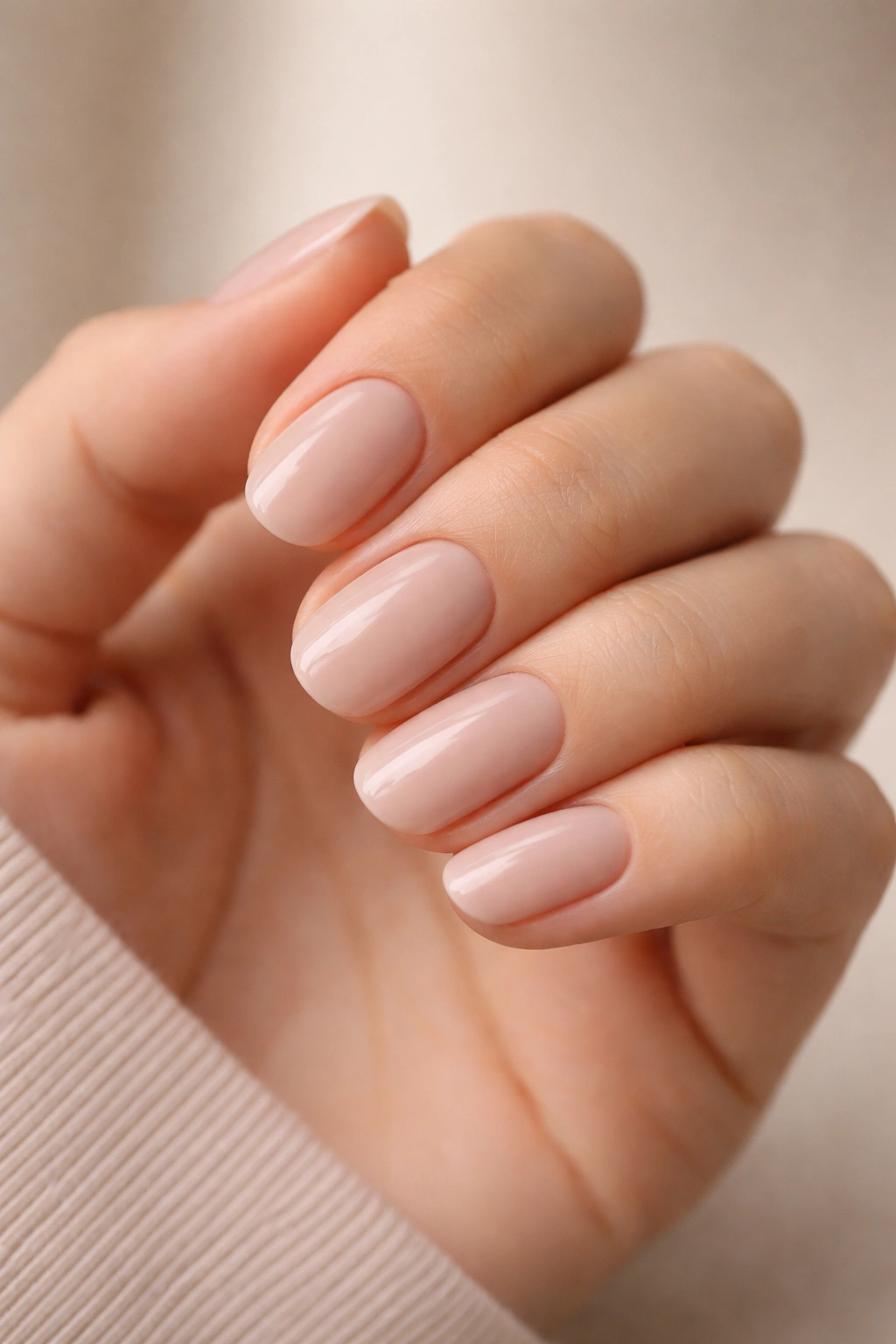 Close-up of short oval polygel nails in soft nude beige with smooth finish