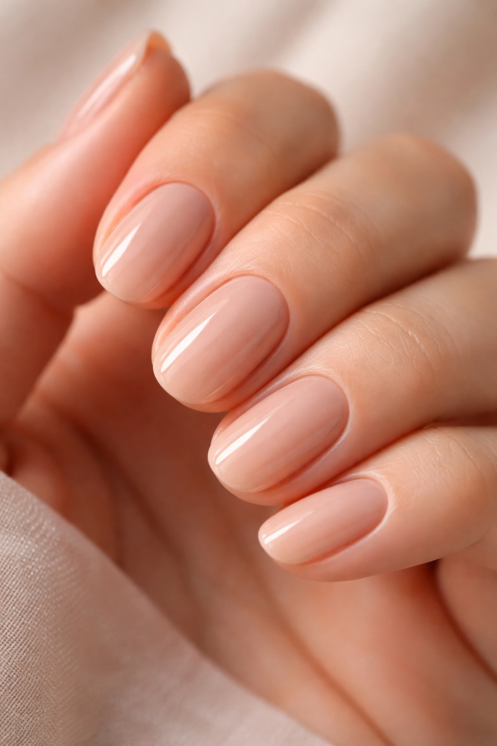 Close-up of short oval nails in warm nude beige with high-gloss finish