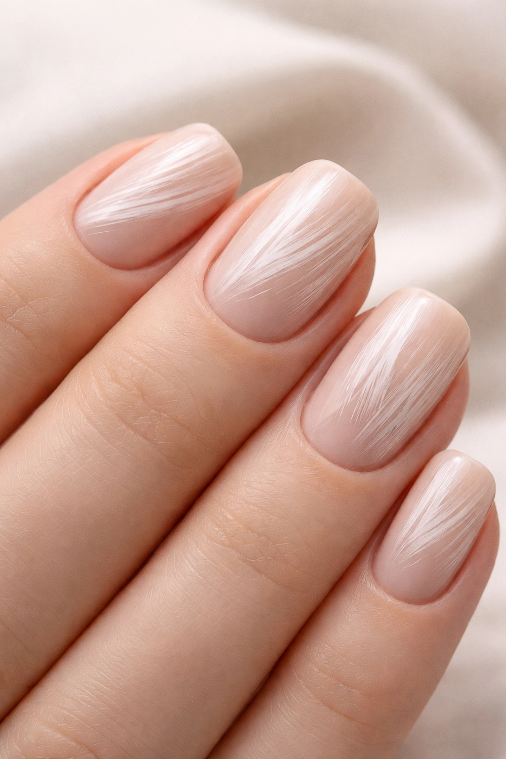 Close-up of short squoval nails with soft nude brushstroke texture in studio lighting