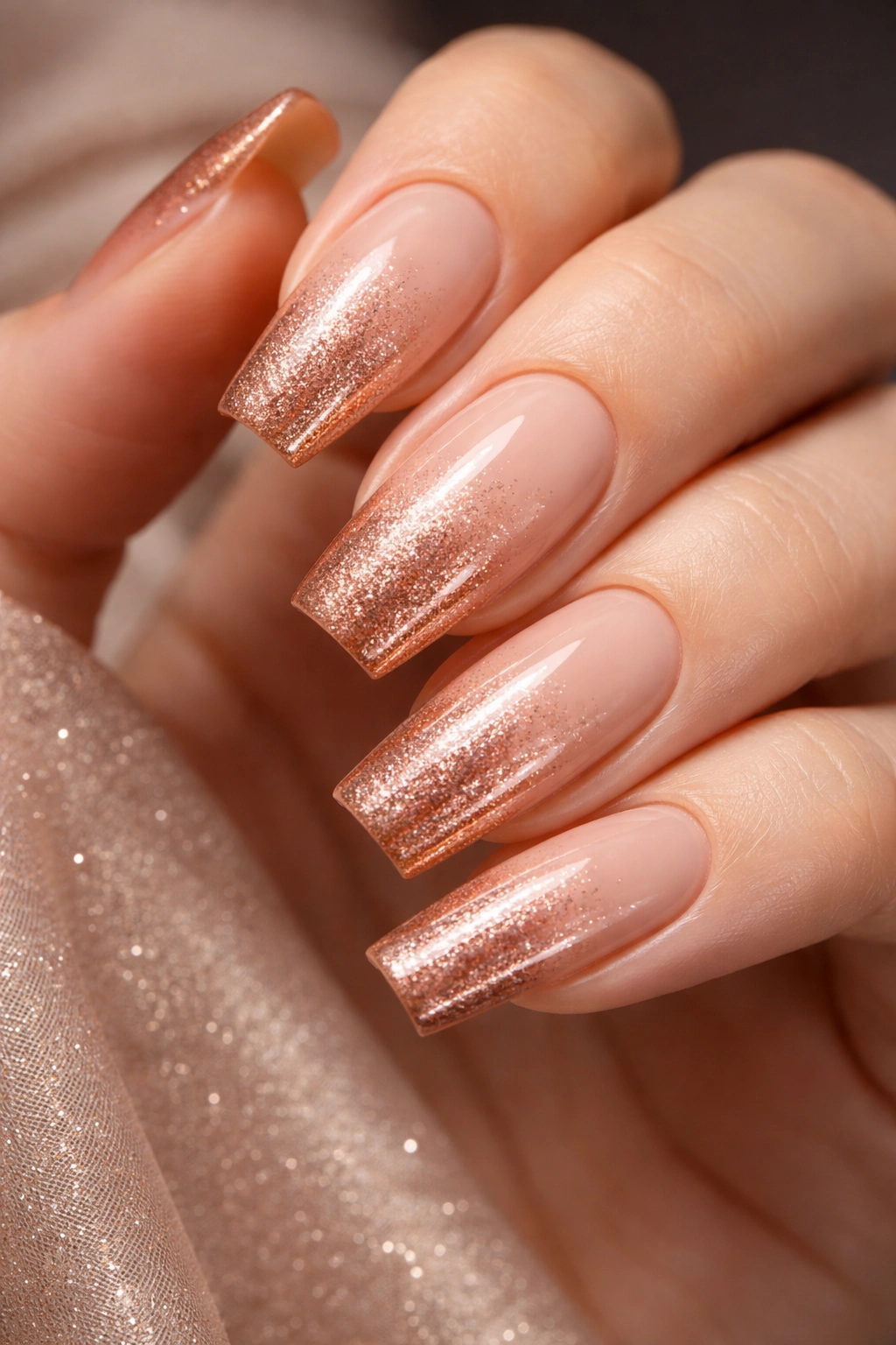 Nude nails with copper gradient and metallic shimmer dust