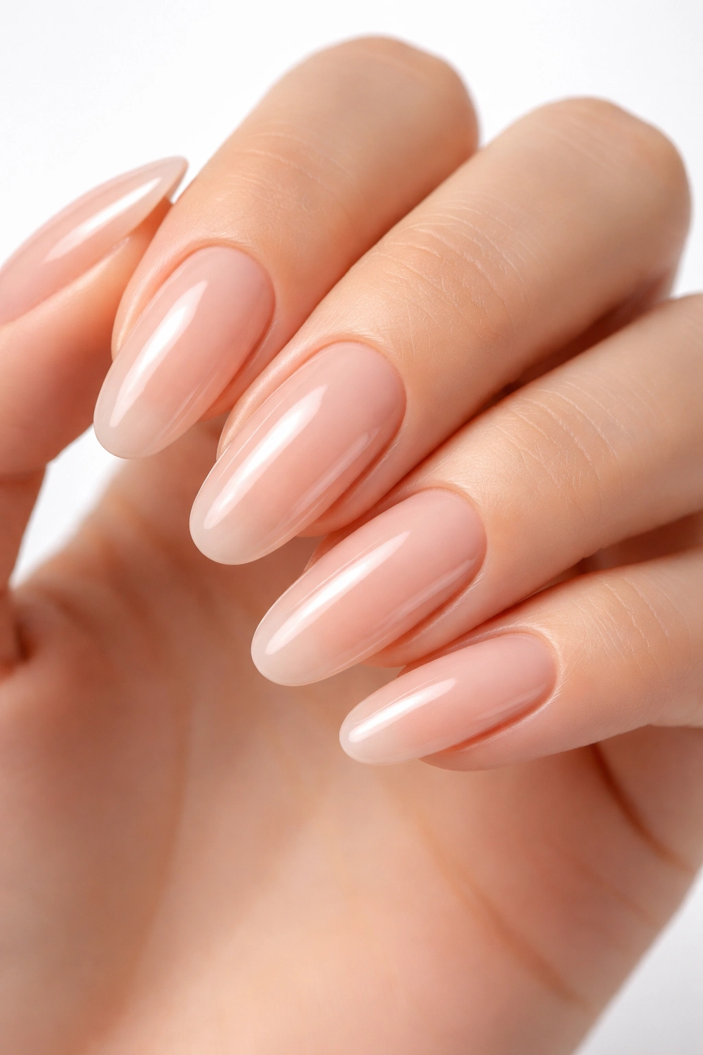 Close-up of long round acrylic nails with a soft nude gel-like finish