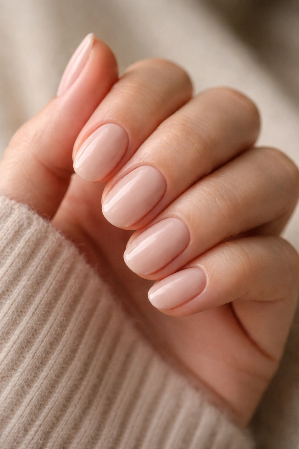 Close-up of soft nude short oval nails with sheer creamy finish