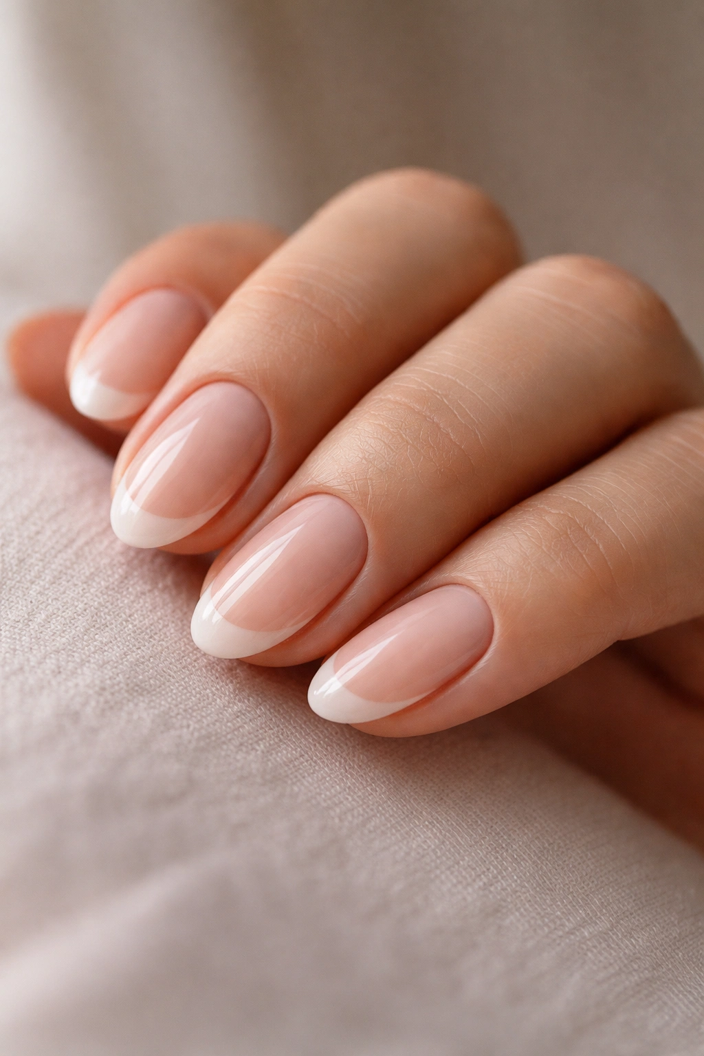 Close-up of an extra-short almond nail in soft nude gloss with a micro almond tip and high shine