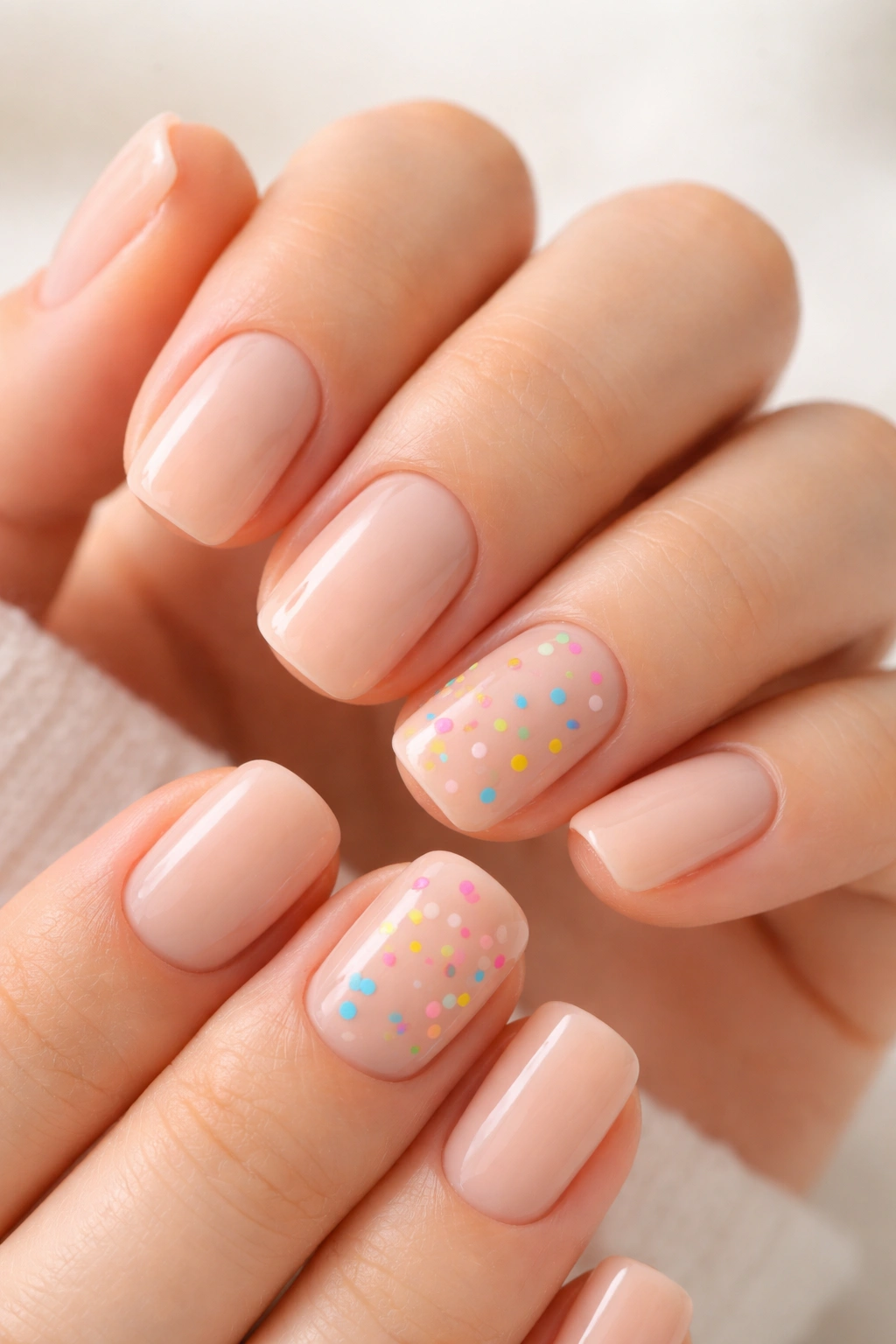 Close-up of short squoval nails with soft nude polish and multicolor confetti dots on accent nails
