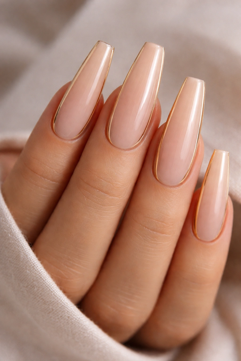 Coffin nails with soft nude base and ultra-thin gold lines.