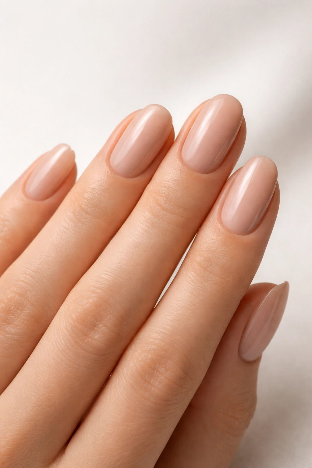 Close-up of nails in soft nude shades blending with skin