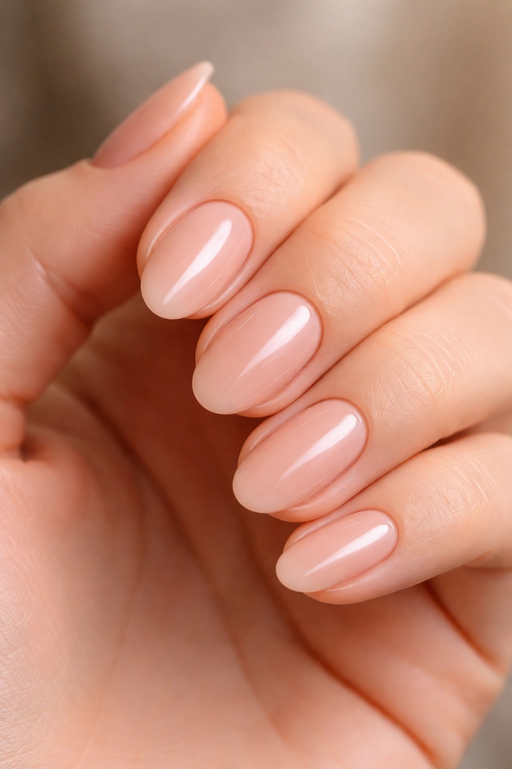 Close-up of short almond nails in a soft nude shade with a glossy finish