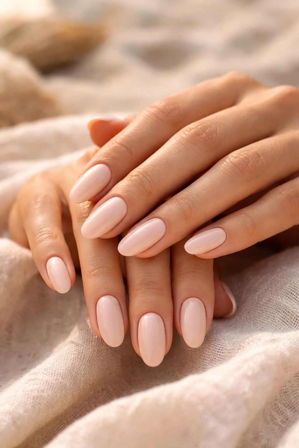 Close-up of nude nails on sun-kissed hands.