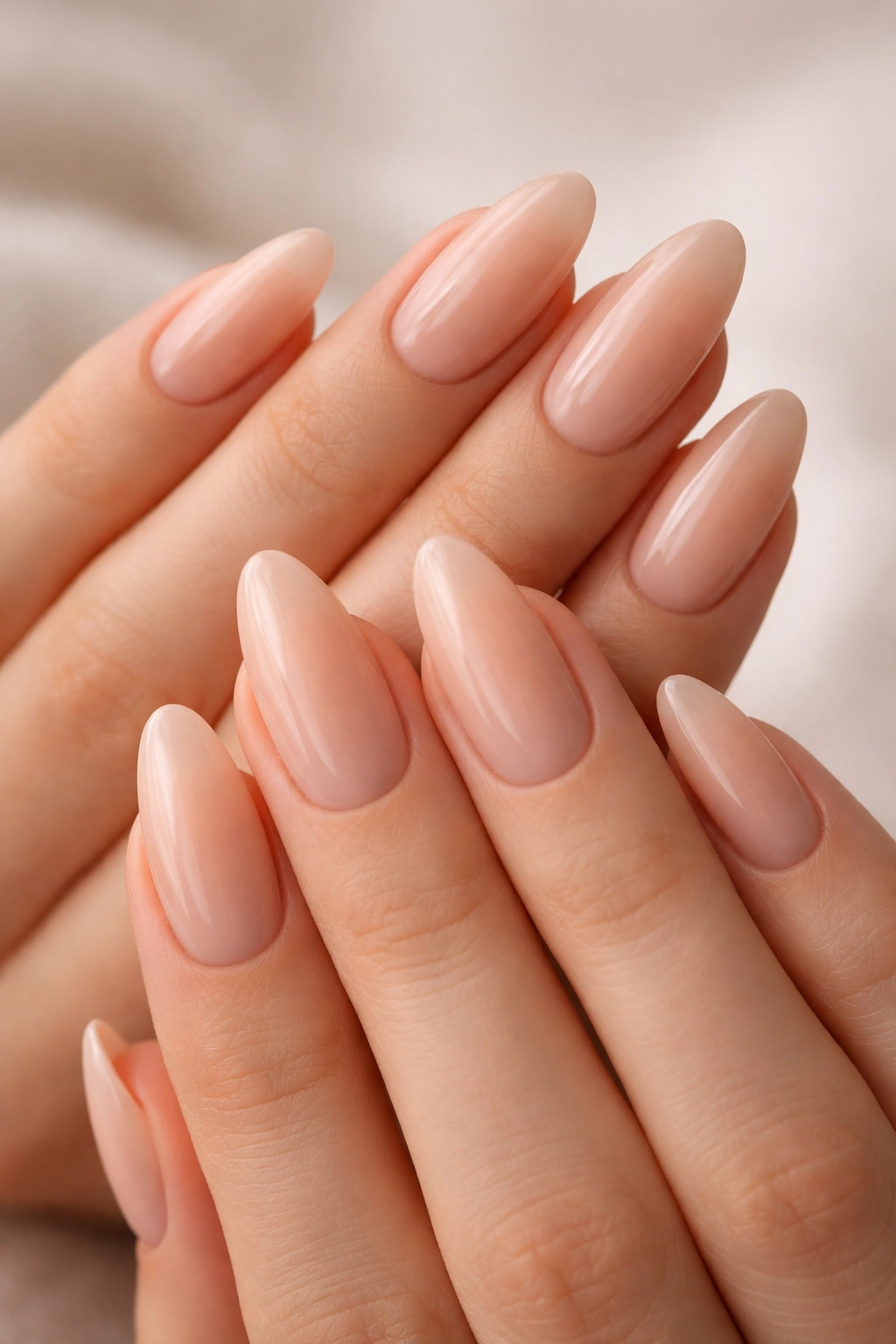 Close-up of tapered oval nails in soft nude beige-pink on slender nail beds