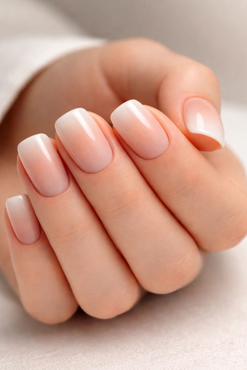 Close-up of short squoval nails with a soft nude ombre cloud effect
