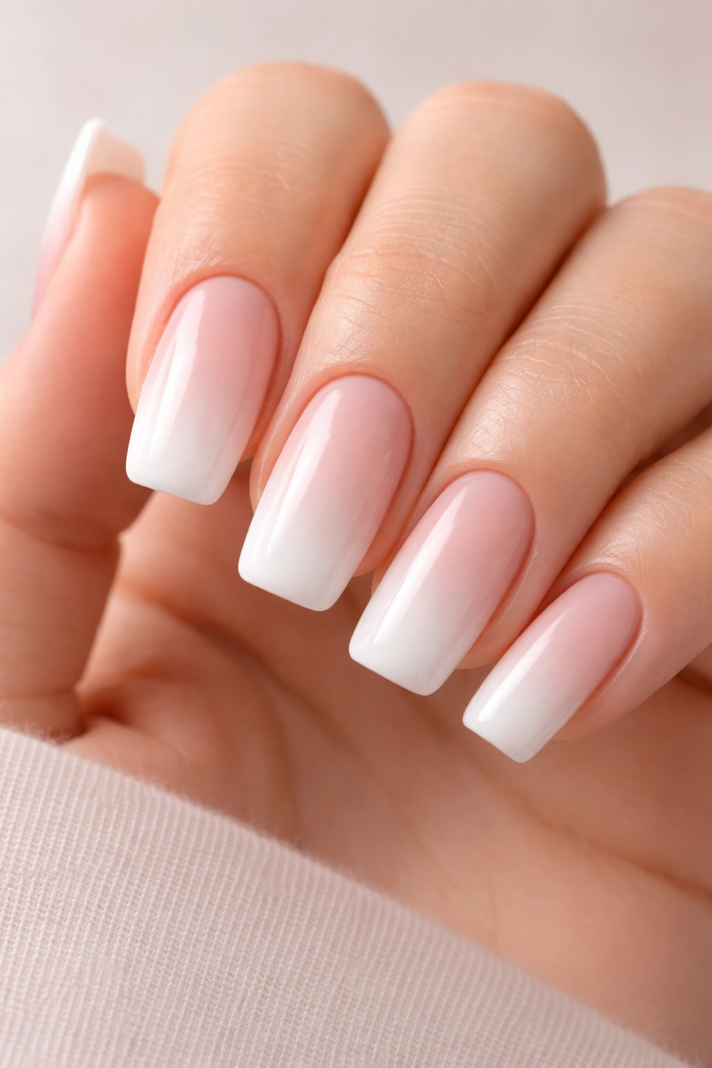 Soft pink to white ombre on squoval nails with no distinct line.