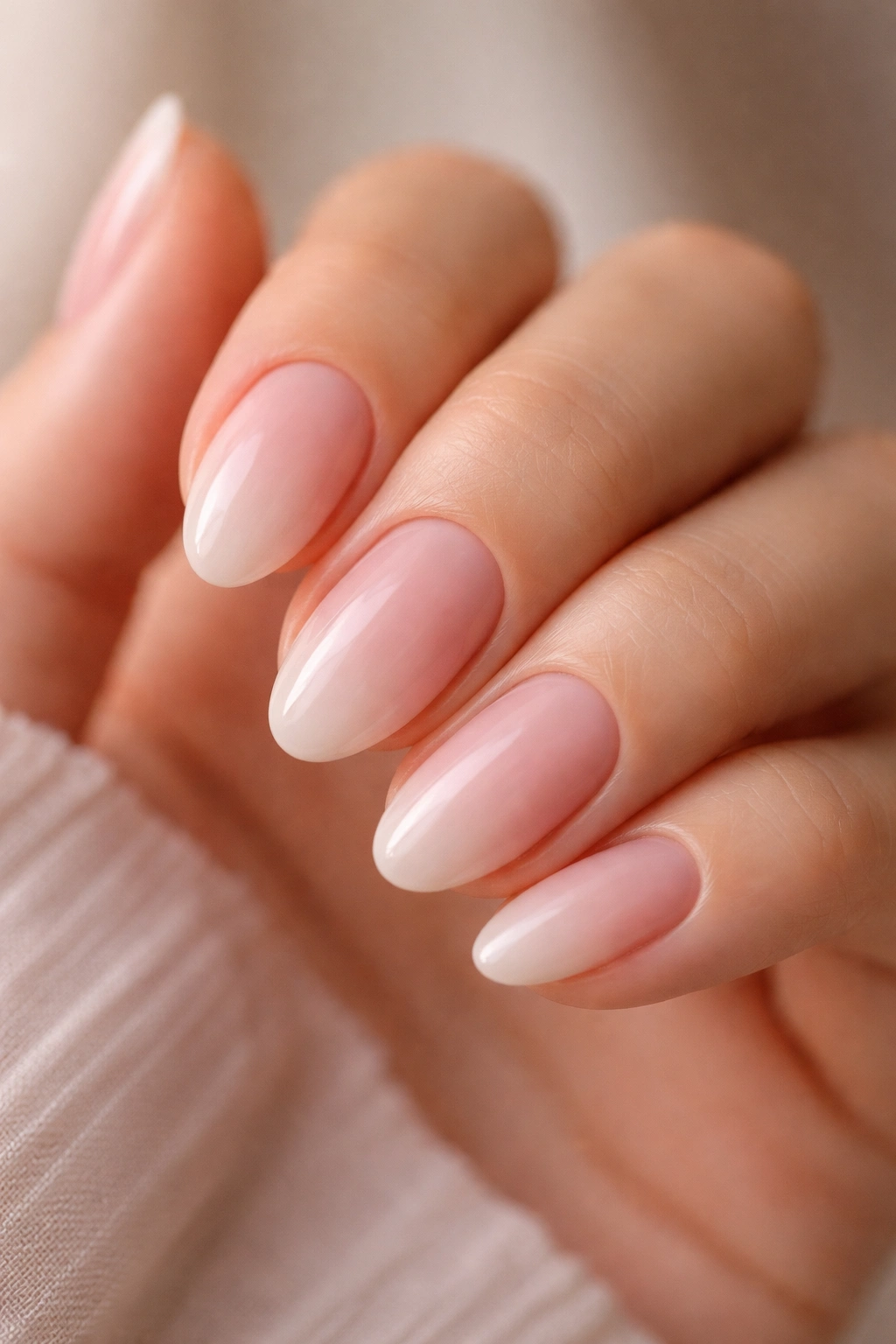 Close-up of soft ombré fade on short almond nails.