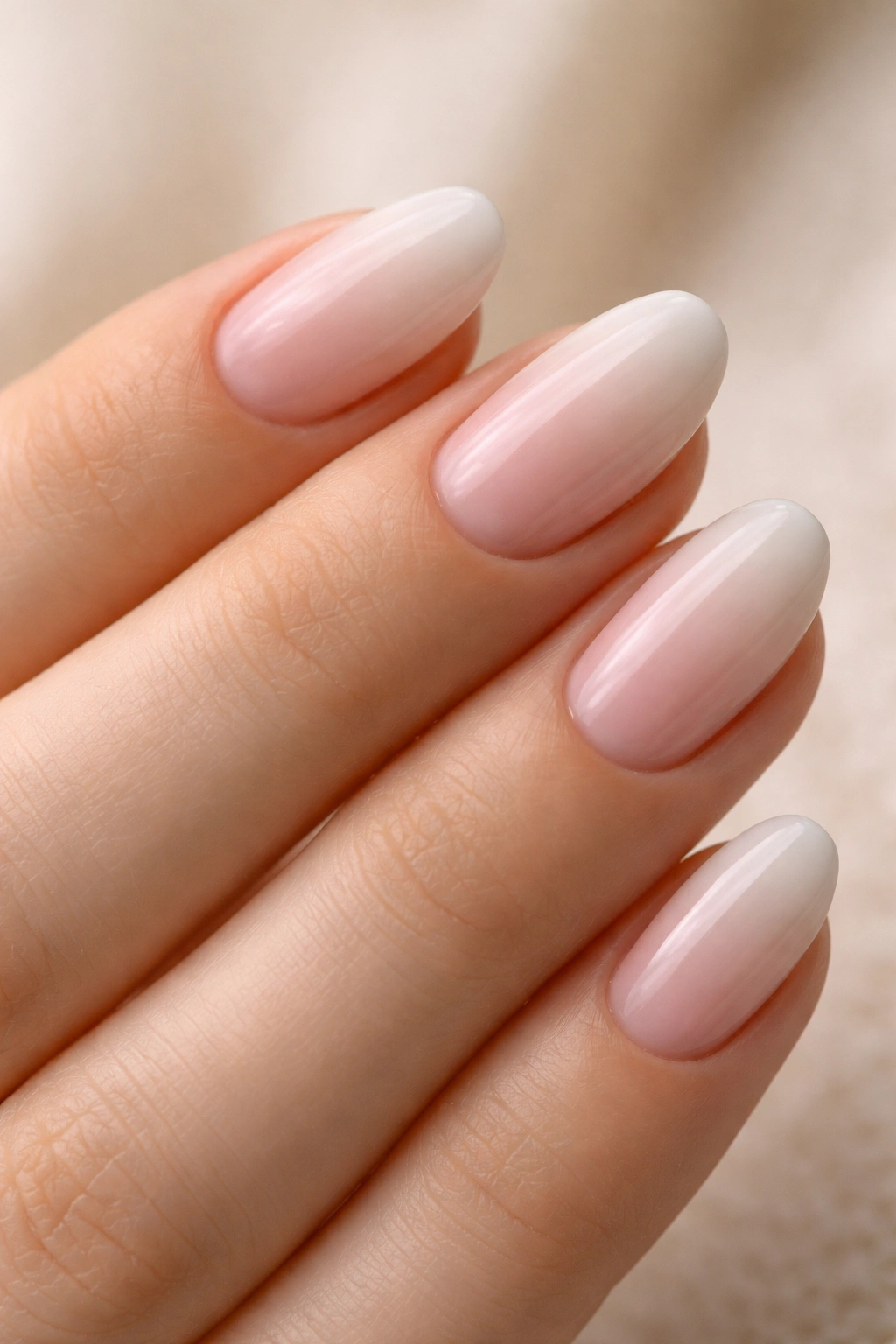 Close-up of short almond nails with a soft pink to white ombre on nude base.