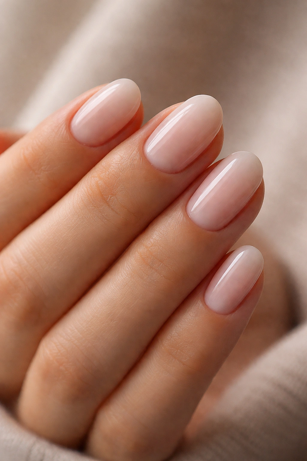 Soft ombre on short oval nails with non-streaky transition and glossy finish